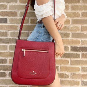 Kate Spade Leila Top Zip Large Crossbody Bag Pebbled Leather Red Currant